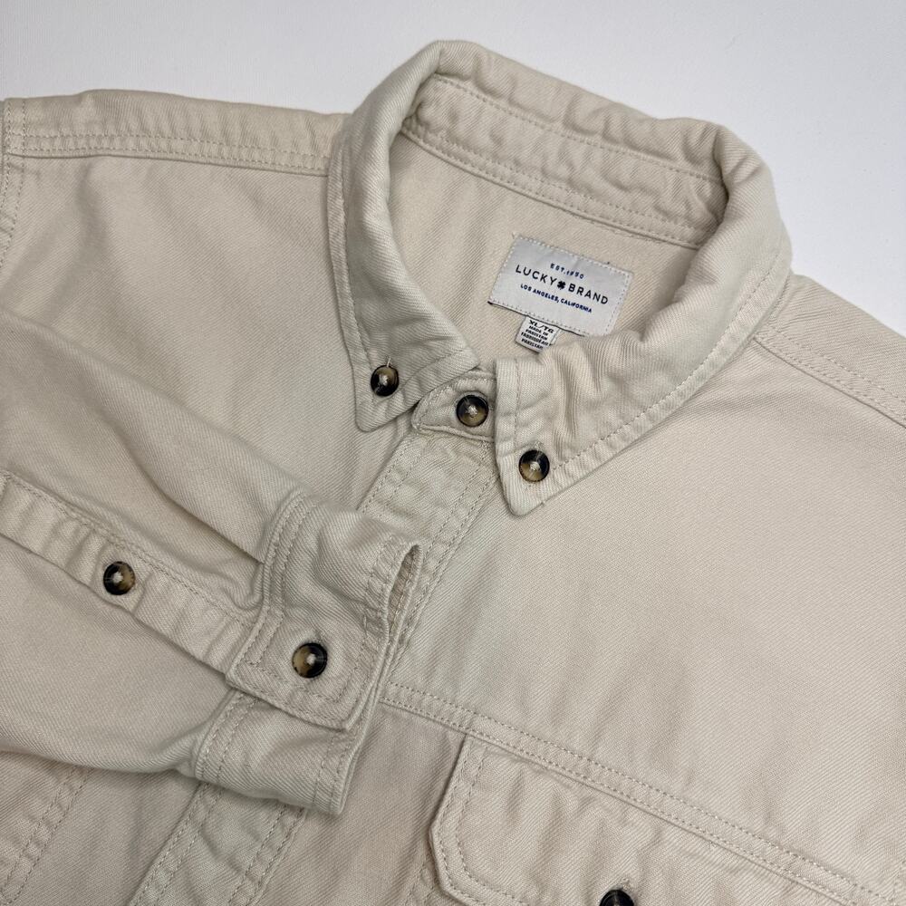 Lucky Brand Mens XL Beige Cotton Twill Utility Work Shirt 4 Pocket Button Down